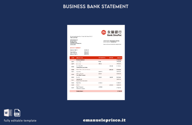 modello Word e PDF dell'estratto conto aziendale Bank Sinopac in stile verificat